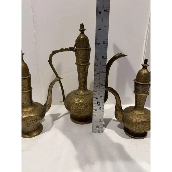 Lot of 3 Antique Brass Middle Eastern Dallah Coffee Tea Pots Turkish Kettle - Picture 4 of 14